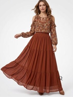 Floral Cold-Shoulder Blouse in Rust Size Medium